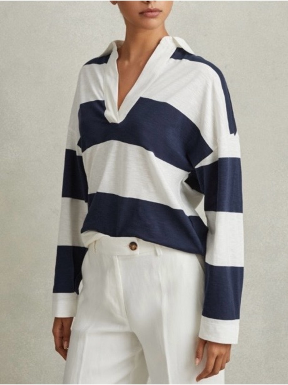 REISS Abigail Striped Cotton Open Collar Jumper in Navy Ivory